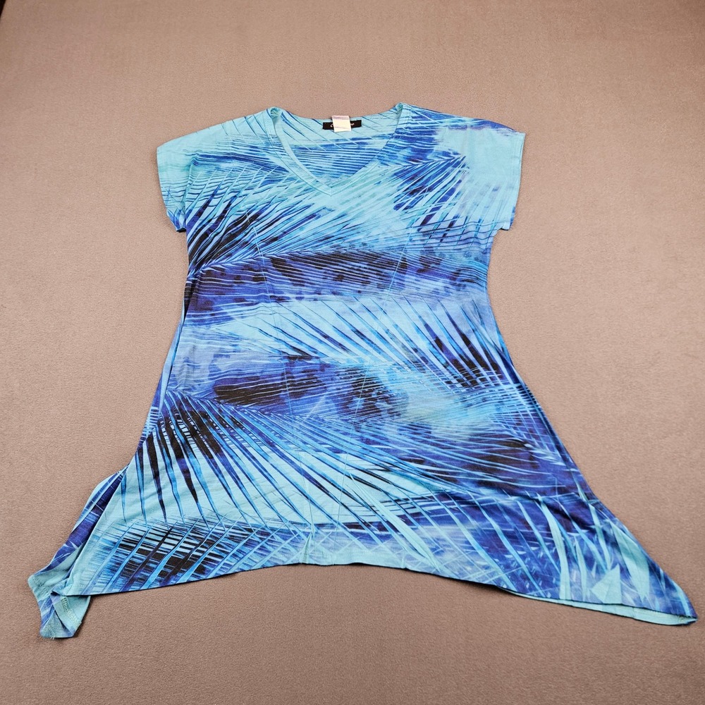 Only Nine Womens Small Blue Tropical Palm Print Sharkbite Hem V-Neck Tunic Top